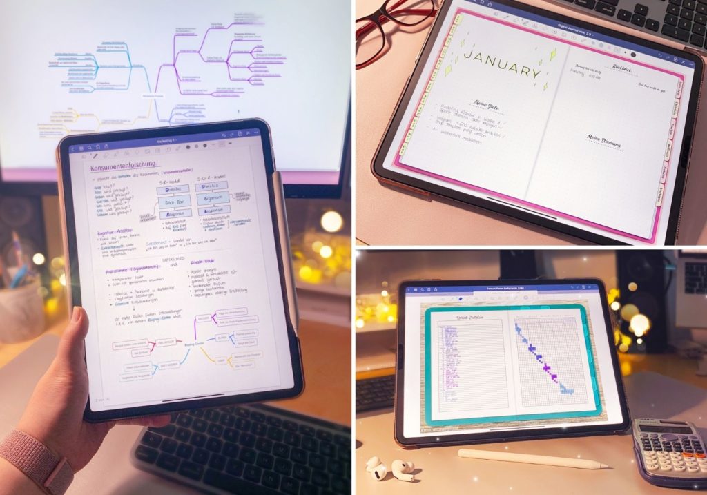 Ein Bild mit 3 Rastern, drei verschiedene Ipad Hintergründe: Digital Journal, Fernuni Planer und ein Lernzettel vom Studium