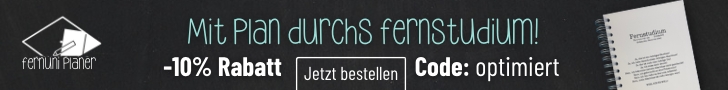 Schmaler breiter Banner in schwarz für Fernuni Planer, darauf steht mittig geschrieben: Mit Plan durchs Fernstudium. Ein Rabattcode "optimiert" gibt 10% Rabatt auf die gesamte Bestellung.