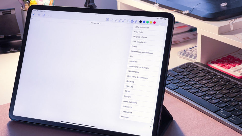 iPad mit den Einstellungen einer PDF-Notiz in NotesWriter