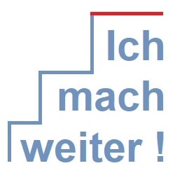 Logo von Ich-mach-weiter.de in blau, Darstellung wie eine Stufe