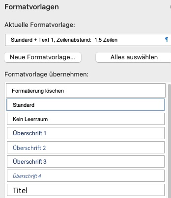 Screenshot Word Formatvorlagen auf Mac Office365