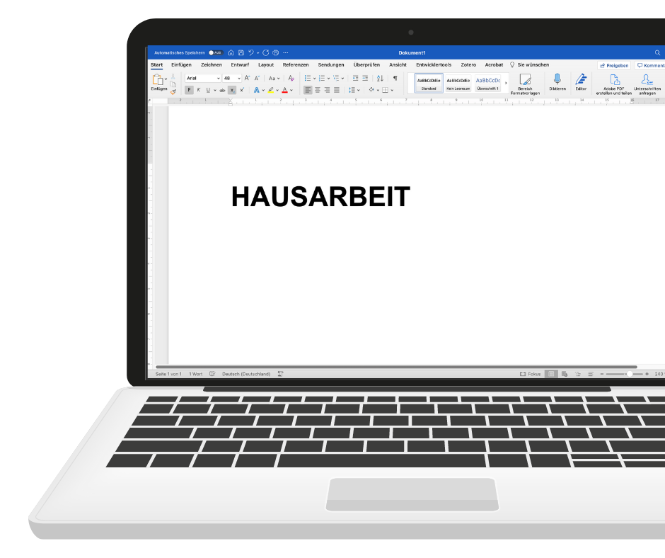 Laptop mit dem Programm Microsoft Office Word, darauf steht groß geschrieben Hausarbeit